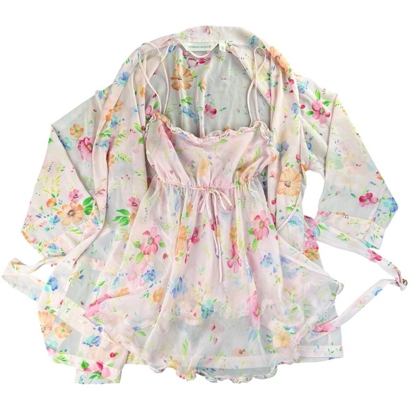 Victoria's Secret Other - Victoria's Secret Vintage 2-pc Pink Floral Chiffon Babydoll and Robe Set Size M